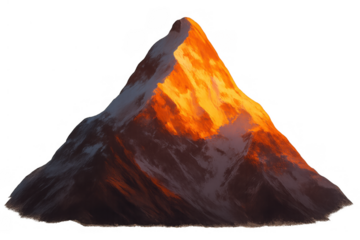 Snow-capped mountain peak featuring golden hour sunlight illuminating the rugged rock face, isolated on transparent background