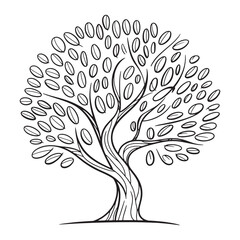 Stylized monochrome tree illustration with dense foliage and intricate trunk details
