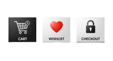 Set of 3 different buttons — cart, wishlist, and checkout — isolated on white background, representing e-commerce, online shopping, and retail interface icons for website or app design.