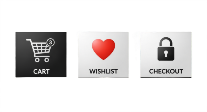 Set of 3 different buttons — cart, wishlist, and checkout — isolated on white background, representing e-commerce, online shopping, and retail interface icons for website or app design.