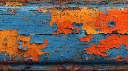 Close-Up of Cracked Blue and Orange Peeling Paint on Aged Wooden Surface, Showing Rustic Texture, Weathered Decay, and Grunge Pattern
