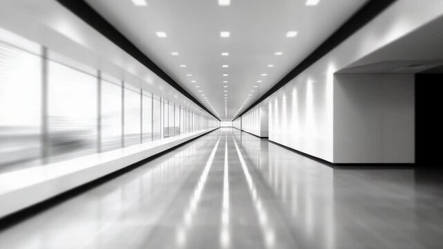 Long empty corridor in a modern building; black-and-white, glossy floor, bright overhead lights, vanishing point in the distance.