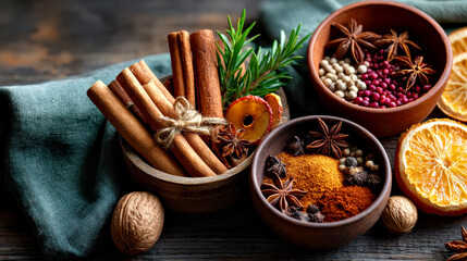 Fototapeta premium Spices and Aromatics: Cinnamon, Star Anise, Citrus, and Herbs on Rustic Wooden Table