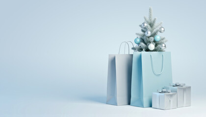 Minimalist Christmas Shopping: Blue Gift Bags and Silver Decorated Tree on Pastel Background.Christmas and New Year concept