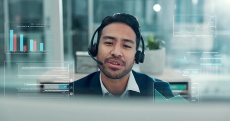 Overlay, talking and man with computer in call center for service promotion, lead generation or offer. Holographic graphs, telemarketing agent and consulting client for product knowledge and upsell - Powered by Adobe