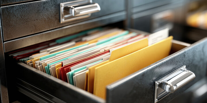 Close-up of Open Filing Cabinet Drawer with Colorful Document Folders and Paper Files