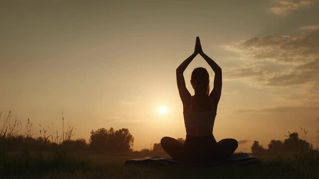 Silhouette of a person doing yoga in a seated pose with hands pressed together overhead at sunset in a grassy field.