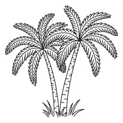 Two tropical palm trees black outline illustration design vector graphics