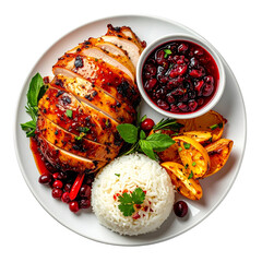 Juicy Grilled Chicken Breast with Cranberry Sauce and Rice on a White Plate