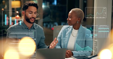 Laptop, night and overlay with business people in office for collaboration, finance or investment. Data, charts and graphs with employee team in dark workplace together for financial management - Powered by Adobe