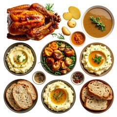 Beautifully arranged festive roast chicken dinner with creamy mashed potatoes, rich gravy, fresh herbs, and assorted side dishes