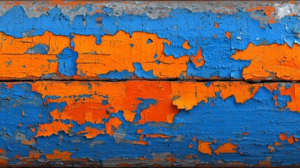 Close-Up of Peeling Blue and Orange Paint on a Wooden Surface, Showing Rustic Texture, Weathered Decay, and Artistic Grunge Detail
