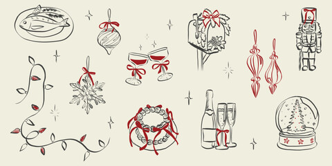 Retro doodles of Christmas party. Vintage new year icons dinner meals in chalk and crayon drawing. Xmas party elements for poster and greeting cards. Hand drawn holiday vector illustration