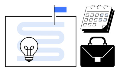Lightbulb over a timeline with a flag marking progress, calendar for scheduling, and briefcase representing business. Ideal for business planning, strategy, scheduling, goal setting, innovation