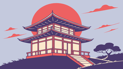 Fototapeta premium Illustration of a traditional japanese building with a red sun and clouds in the background on a hill top