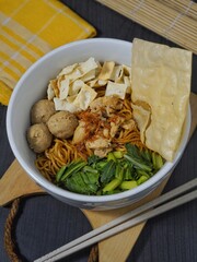 Mie Ayam Bakso Indonesian Chicken Noodle with Meatballs for Culinary and Food Photography
