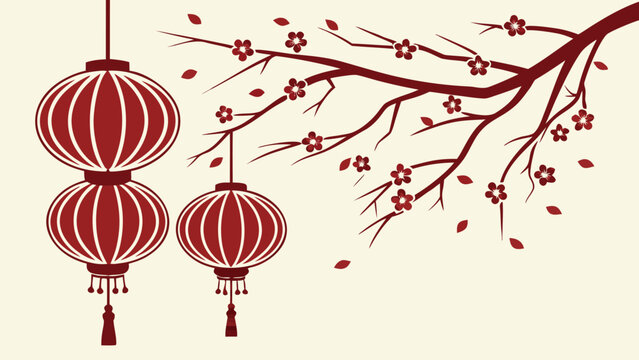 Illustration showing two red chinese lanterns hanging next to a flowering branch on a cream background design