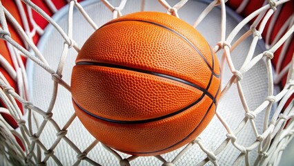 Closeup shot of a basketball in a net, symbolizing a successful shot or victory in the game