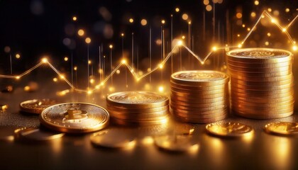 Digital data representation with golden numbers and growth charts increasing in abundance alongside stacks of coins