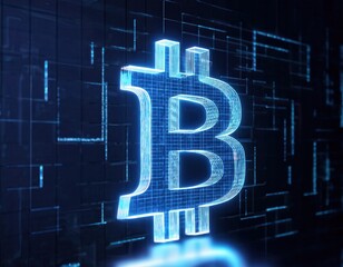 Blue hologram Bitcoin icon glowing on a black background with luminous digital squares