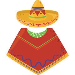 Traditional Mexican Sombrero Hat And Red Poncho With Colorful Patterns And Green Trim Isolated On Transparent Background
