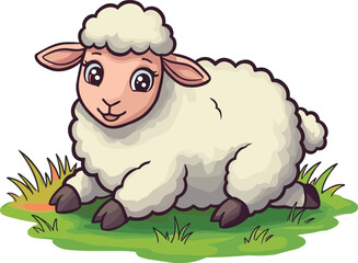 Cartoon sheep lying on grass, cute farm animal, fluffy wool, kids illustration, playful, outdoor, friendly, drawing, fun, educational, art