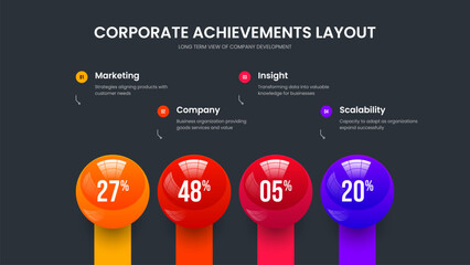 Business Visualization Frame Design Vector Illustration. Creative Innovation 4 Option Chart Slide Layout. Educational Analysis Four Element Diagram Presentation Template.