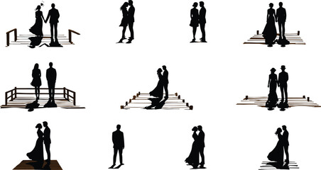Couple silhouette on dock, romantic pose, emotional moment, love scene, black shadow art, peaceful setting, minimalist design, relationship theme