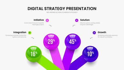 Digital Performance Four Option Infographic Slide Layout. Professional Proposal Frame Design Vector Illustration. Colorful Overview 4 Element Graph Presentation Template.
