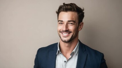 Smiling man in a navy blazer and light patterned shirt poses against a plain beige background. - Powered by Adobe