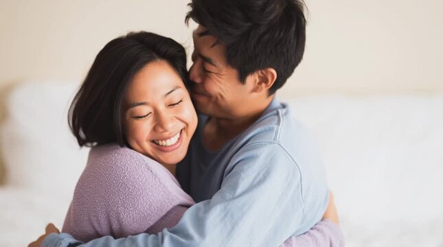 An Asian couple embracing in the bedroom. Korean spouses celebrate their anniversary. Japanese man firmly cuddles his wife