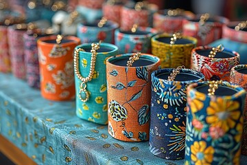 Colorful artisanal clutches with intricate fabric prints high resolution picture