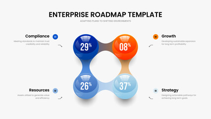 Clean Overview Slideshow Design Vector Illustration. Company Solution 4 Option Chart Slide Layout. Sales Showcase Four Element Diagram Frame Template.