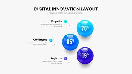 Minimal Analysis 3 Element Infographic Slideshow Design. Service Introduction Three Option Graph Presentation Layout. Visual Launch Slide Template Vector Illustration.