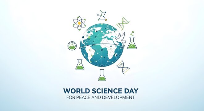 Promote World Science Day with this design featuring Earth, atom, molecule, flasks, DNA, and a dove symbolizing peace for peace and development