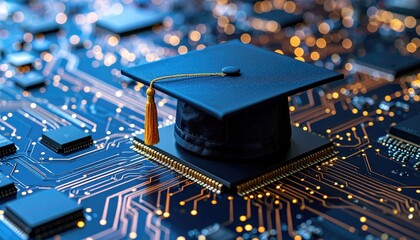 Graduation cap atop circuit board education tech integration
