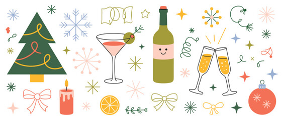 Festive Christmas and New Year Elements with Champagne Toast vector illustration