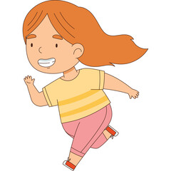 Joyful young girl with long orange hair running with a big smile wearing a yellow and orange striped t-shirt and pink pants with red shoes in a playful pose isolated on a white background