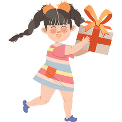 Joyful Young Girl With Pigtails Holding A Wrapped Gift Box With Orange Ribbon And Bow Wearing A Striped Dress And Blue Shoes In A White Background