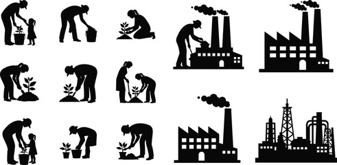Environmental protection, pollution contrast, silhouette illustration, industrial impact, nature care, teamwork, children planting, eco awareness, sustainability, climate change