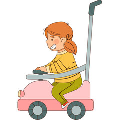 Joyful Young Girl With Red Hair Wearing A Yellow Sweater And Green Pants Riding A Pink Toy Car With A Push Handle And Seatbelt On A Transparent Background