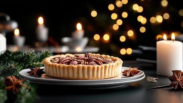 Elegant Christmas still life with whole pecan pie on dark rustic background, decorated with star anise, fir branches and warm glowing candlelight, festive cozy scene with copy space