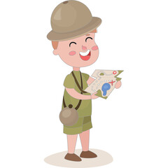 Joyful young boy explorer wearing khaki outfit and safari hat holds an adventure map with a blue marker indicating a destination