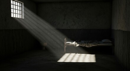 Obraz premium Prison Cell Interior with Sunlight Streaming Through Window Bars, Creating Dramatic Light and Shadow