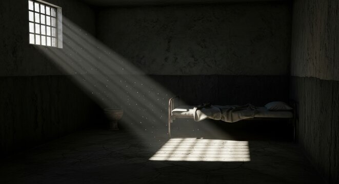 Prison Cell Interior with Sunlight Streaming Through Window Bars, Creating Dramatic Light and Shadow - Powered by Adobe