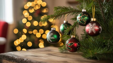 Elegant Christmas tree ornaments creating warm holiday ambiance with rustic wood surface, perfect for seasonal greetings and cozy winter celebrations