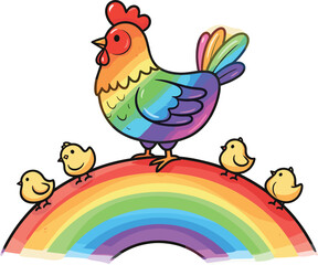 Rainbow chicken illustration, colorful chicks on rainbow, vibrant poultry art, whimsical farm animals, joyful children theme, fantasy bird concept