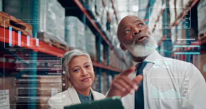 Data, overlay or people in warehouse with tablet, online logistics or quantity control in discussion. Mature team, flare or operation manager in depot with tech, review or problem solving on graphs.