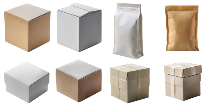 Various Packaging Options Including Boxes and Bags for Shipping Use, isolated on transparent background