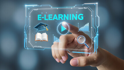 Hand touching on virtual screen E-learning Education Internet Technology Webinar Online Courses concept